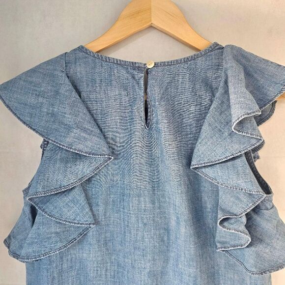 J. Crew‎ Ruffle Cotton Top in Chambray Pullover Size 0 - Picture 7 of 8